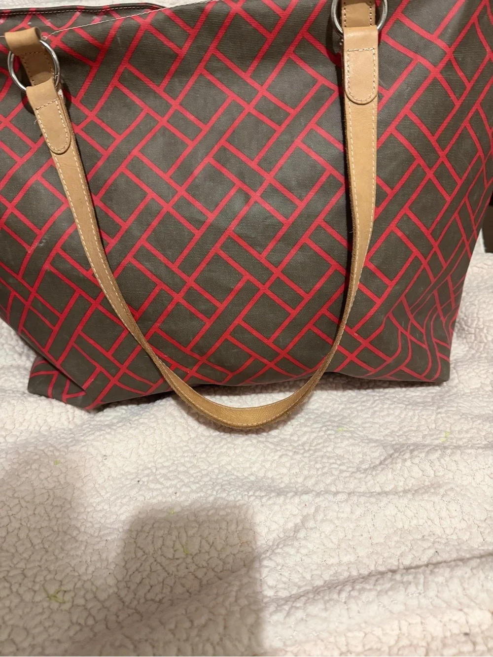 Ellen Tracy Brown Tote with Red Geometric Print and Tan Handles